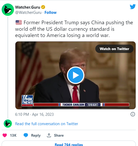 Trump afferma che la Cina che spinge il mondo fuori dallo standard del dollaro americano è equivalente all'America che perde una guerra mondiale