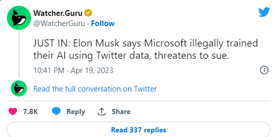 Elon Musk: Microsoft ha addestrato illegalmente l'AI con dati provenienti da Twitter