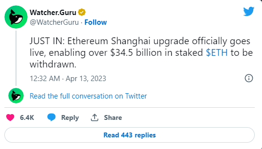 L'aggiornamento di Ethereum Shanghai è ufficialmente in diretta