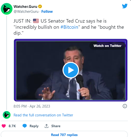 Il senatore degli Stati Uniti Ted Cruz afferma di essere "incredibilmente ottimista su Bitcoin"