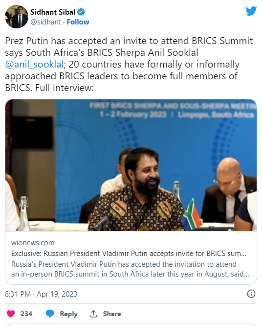 BRICS: Sarà consentito al Presidente russo Putin di partecipare al prossimo summit dei BRICS?