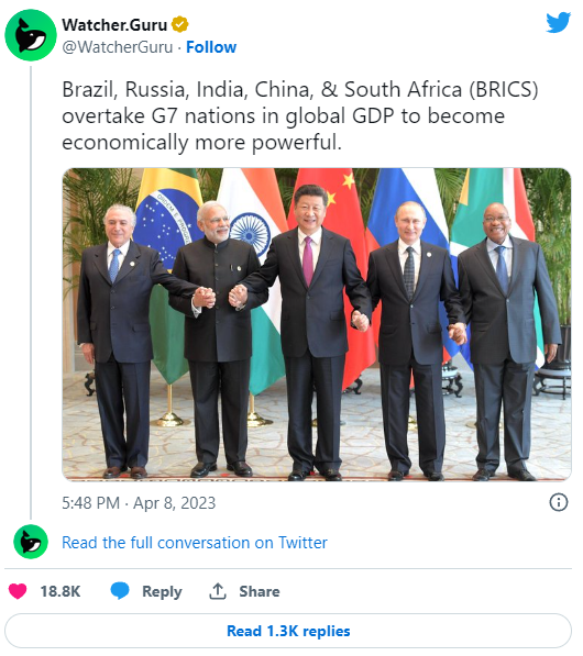 I paesi BRICS superano le nazioni G7 nel PIL globale (PPP) diventando economicamente più potenti