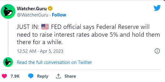 La Federal Reserve dovrà aumentare i tassi di interesse sopra il 5%: ufficiale FED.