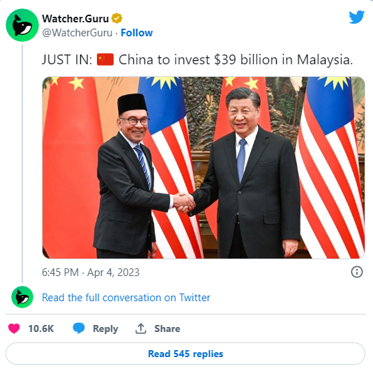 La Cina investirà 39 miliardi di dollari in Malesia.