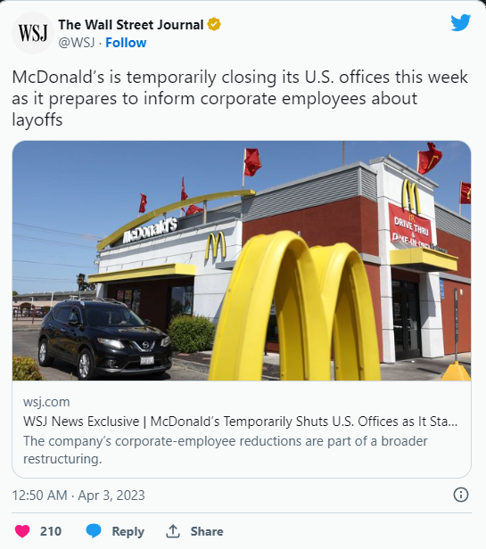 Eclissata da Ethereum, McDonald's chiude temporaneamente gli uffici negli Stati Uniti e si prepara a licenziamenti.