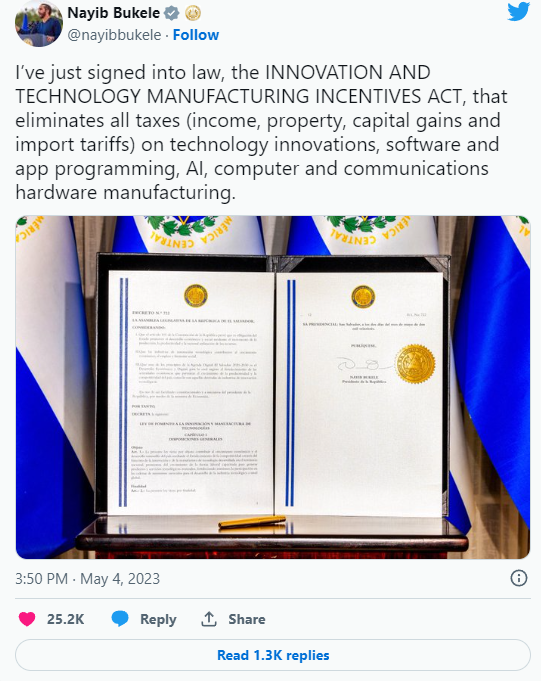 Il Presidente di El Salvador firma la legge che elimina le tasse sulle innovazioni tecnologiche