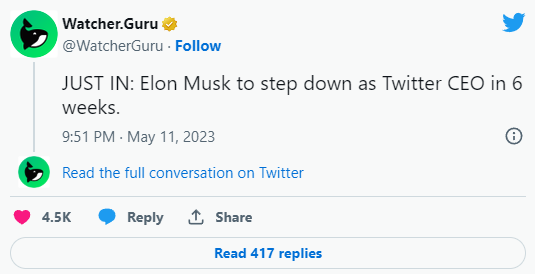 Elon Musk si dimetterà dal ruolo di CEO di Twitter tra sei settimane