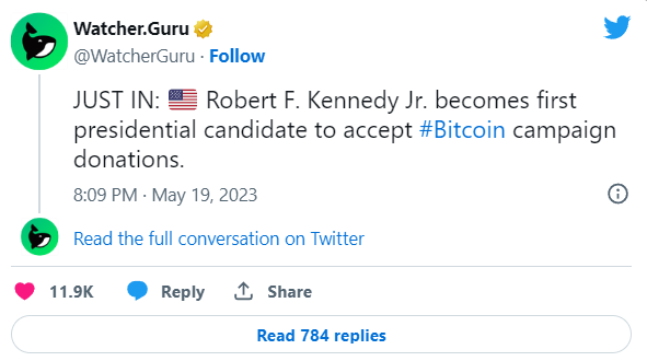 Robert F. Kennedy Jr. è il primo candidato presidenziale ad accettare donazioni di campagna in Bitcoin