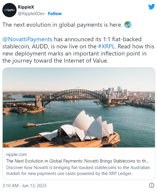 Ripple: La stablecoin australiana supportata dal dollaro di Novatti va live sul XRP Ledger