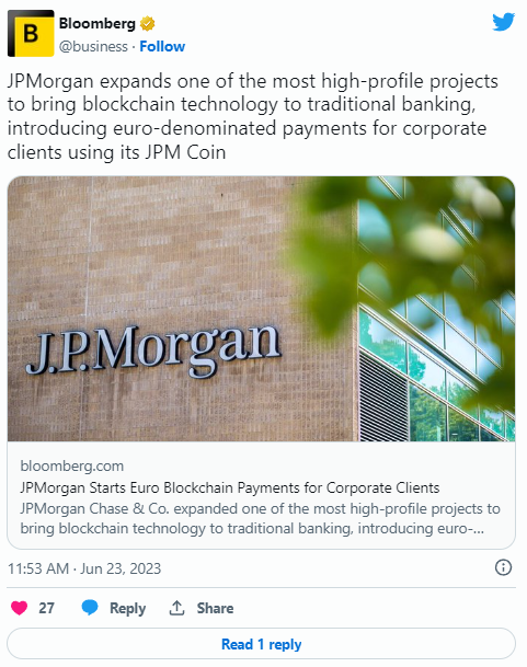 JPMorgan lancia i pagamenti blockchain in euro tramite JPM Coin