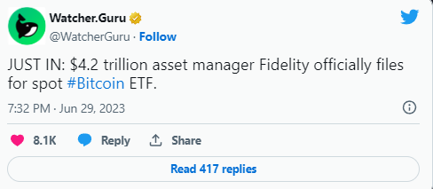 Fidelity presenta ufficialmente la richiesta per un ETF Bitcoin spot