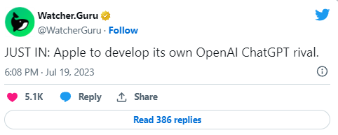 Apple svilupperà un suo proprio concorrente di OpenAI ChatGPT