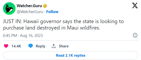 Governatore delle Hawaii: Lo Stato sta cercando di acquisire terreni distrutti dagli incendi