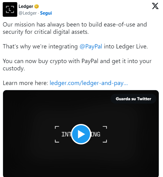 Collaborazione tra Ledger e PayPal: Una nuova integrazione per rendere più agevole l'acquisto di criptovalute