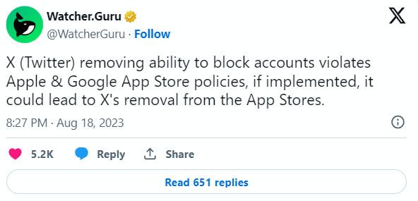 X (Twitter) può essere rimosso dall'App Store se rimuove la capacità di bloccare gli account