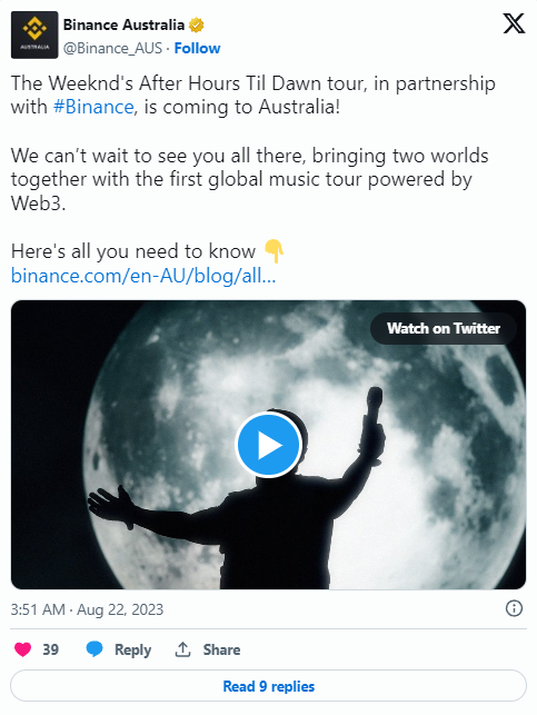 Concerto del Weekend supportato da Binance in Australia e Nuova Zelanda per sfruttare la tecnologia Web3