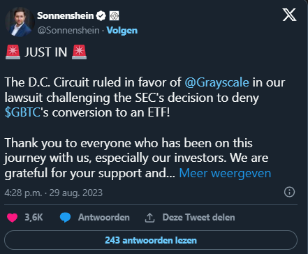 Grayscale vince la causa legale degli ETF contro la SEC, il prezzo del Bitcoin sale del 5%