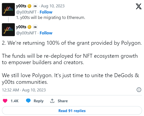 Il progetto NFT y00ts si sposterà da Polygon a Ethereum