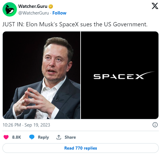 Elon Musk e SpaceX presentano una causa contro il governo degli Stati Uniti