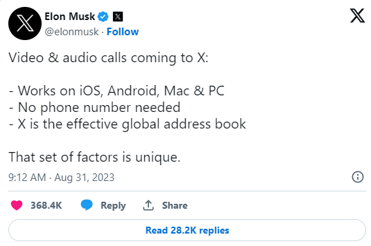 La società di Elon Musk, X, sta per lanciare chiamate audio e video