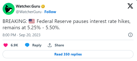 La Federal Reserve Sospende l'Aumento dei Tassi di Interesse