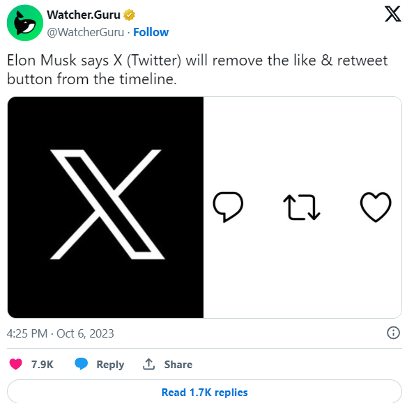 Musk dichiara che X (Twitter) rimuoverà il pulsante "Mi piace" e "Retweet"