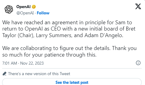 Sam Altman ritorna in OpenAI come CEO