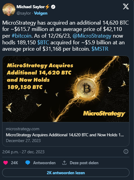 MicroStrategy acquista nuovamente 14.620 Bitcoin in vista dell'ETF