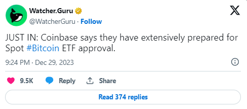 Coinbase afferma di essersi preparato ampiamente per l'approvazione dell'ETF su Bitcoin