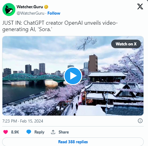 Il creatore di ChatGPT, OpenAI, svela la nuova intelligenza artificiale generatrice di video, Sora