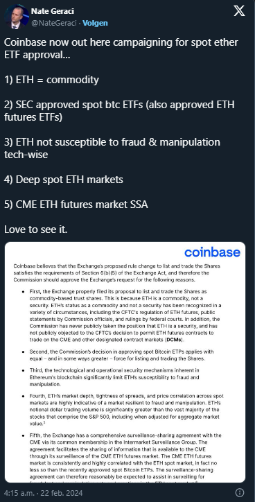 Coinbase: Questo è il motivo per cui verrà creato un ETF Ethereum Spot