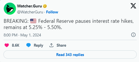 Federal Reserve lascia invariati i tassi di interesse (aprile 2024)